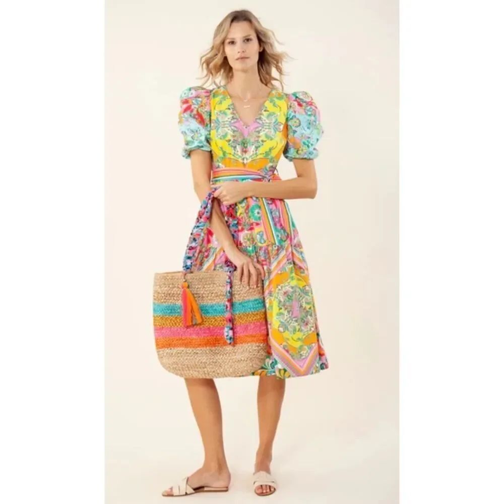 Hale Bob Yaritza Midi Dress Colorful Boho Cotton Puff Sleeve Belted S